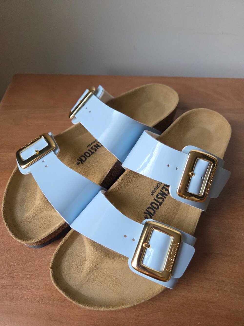NWOB BIRKENSTOCK BABY BLUE GOLD BIG BUCKLE 2 STRAP SANDALS WOMNS 40 - Picture 1 of 16